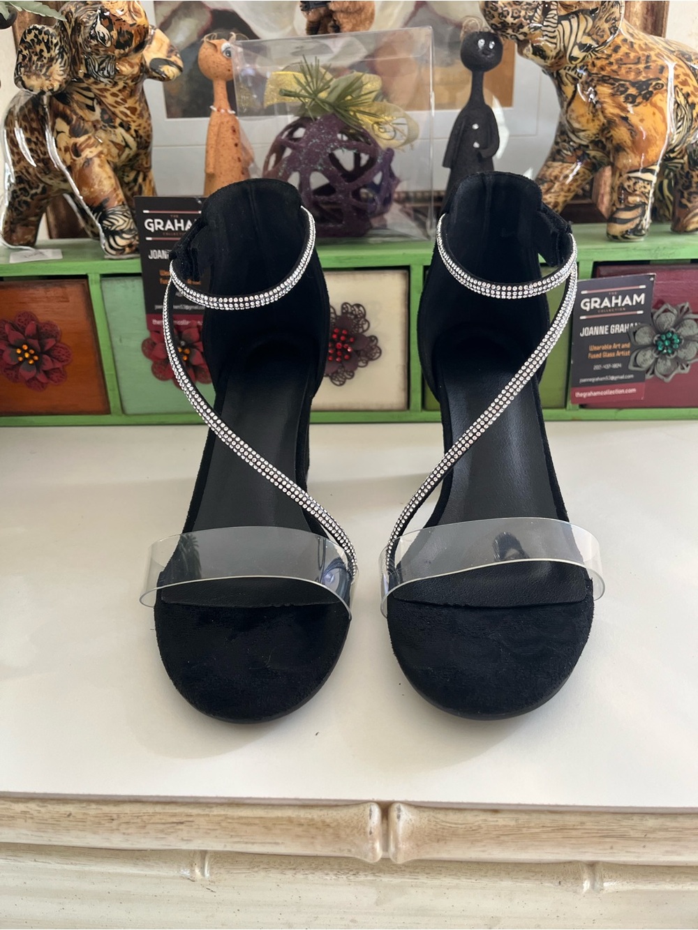 Black Rhinestone Wrap-Ankle Clear Strap Heels